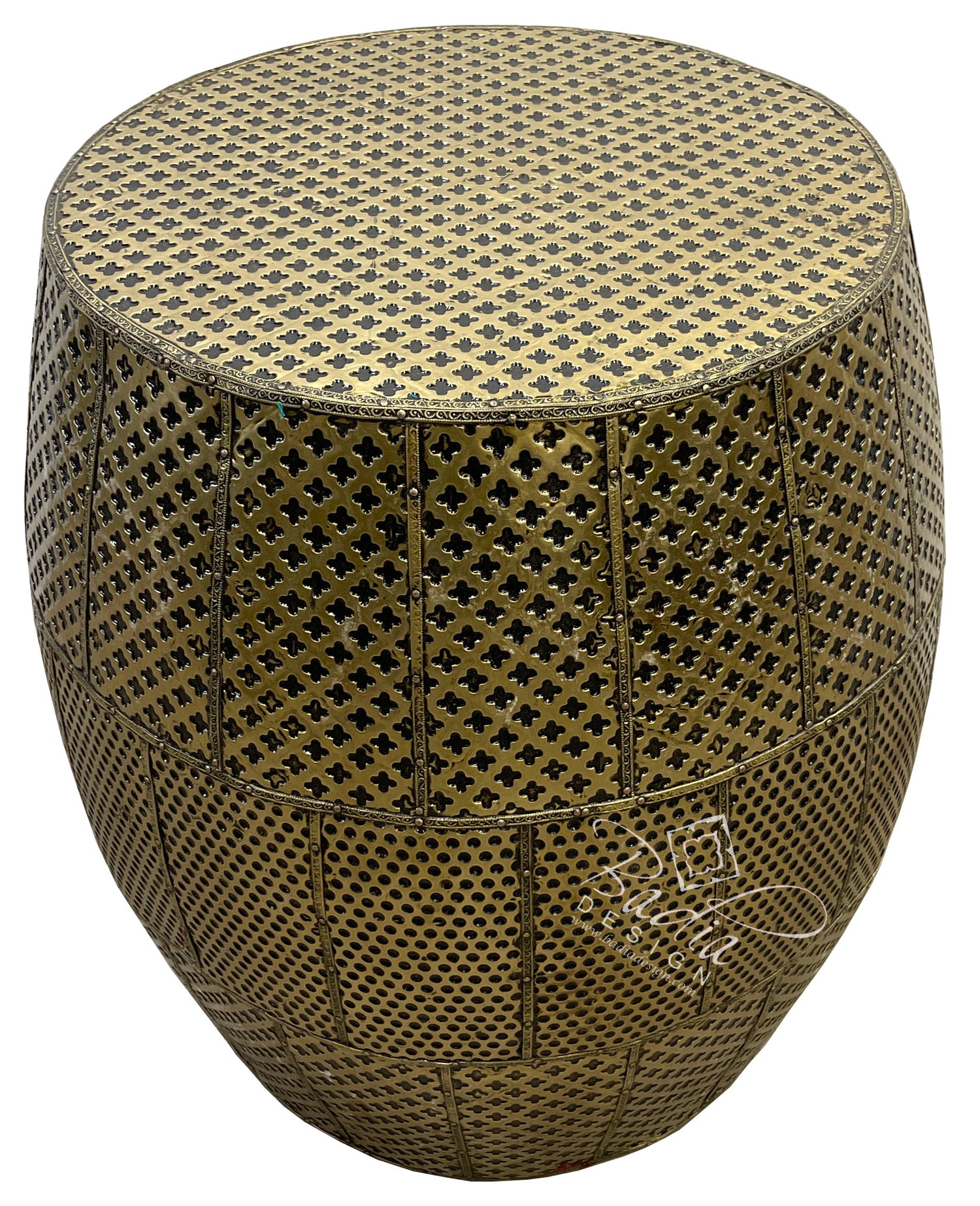 Embossed Brass Metal and Wood Ottoman