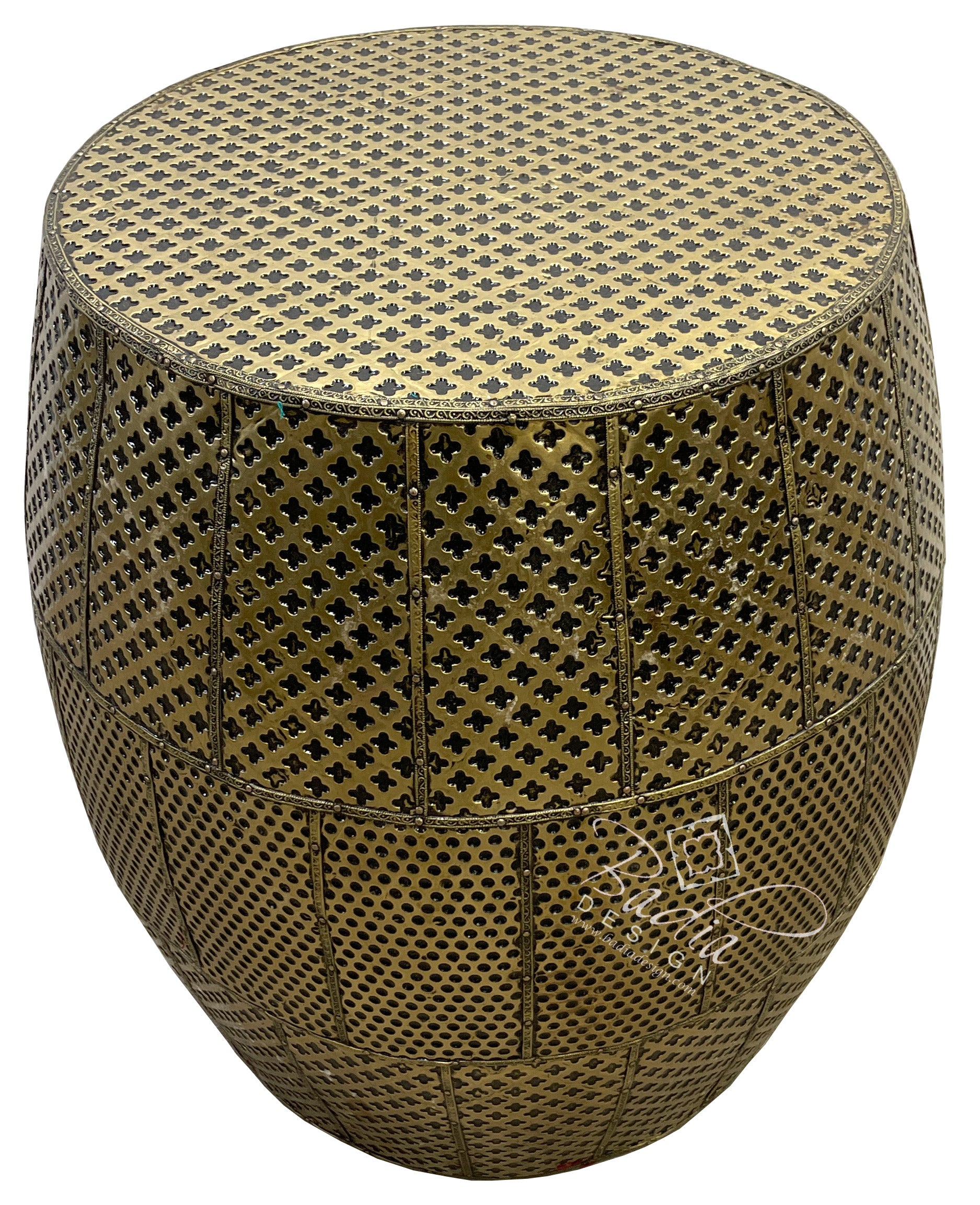 Embossed Brass Metal and Wood Ottoman