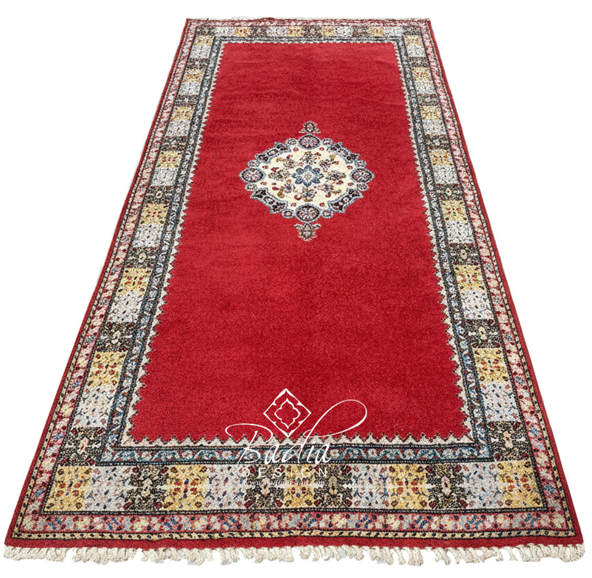 Red Runner Rug with Multicolor Geometric Designs