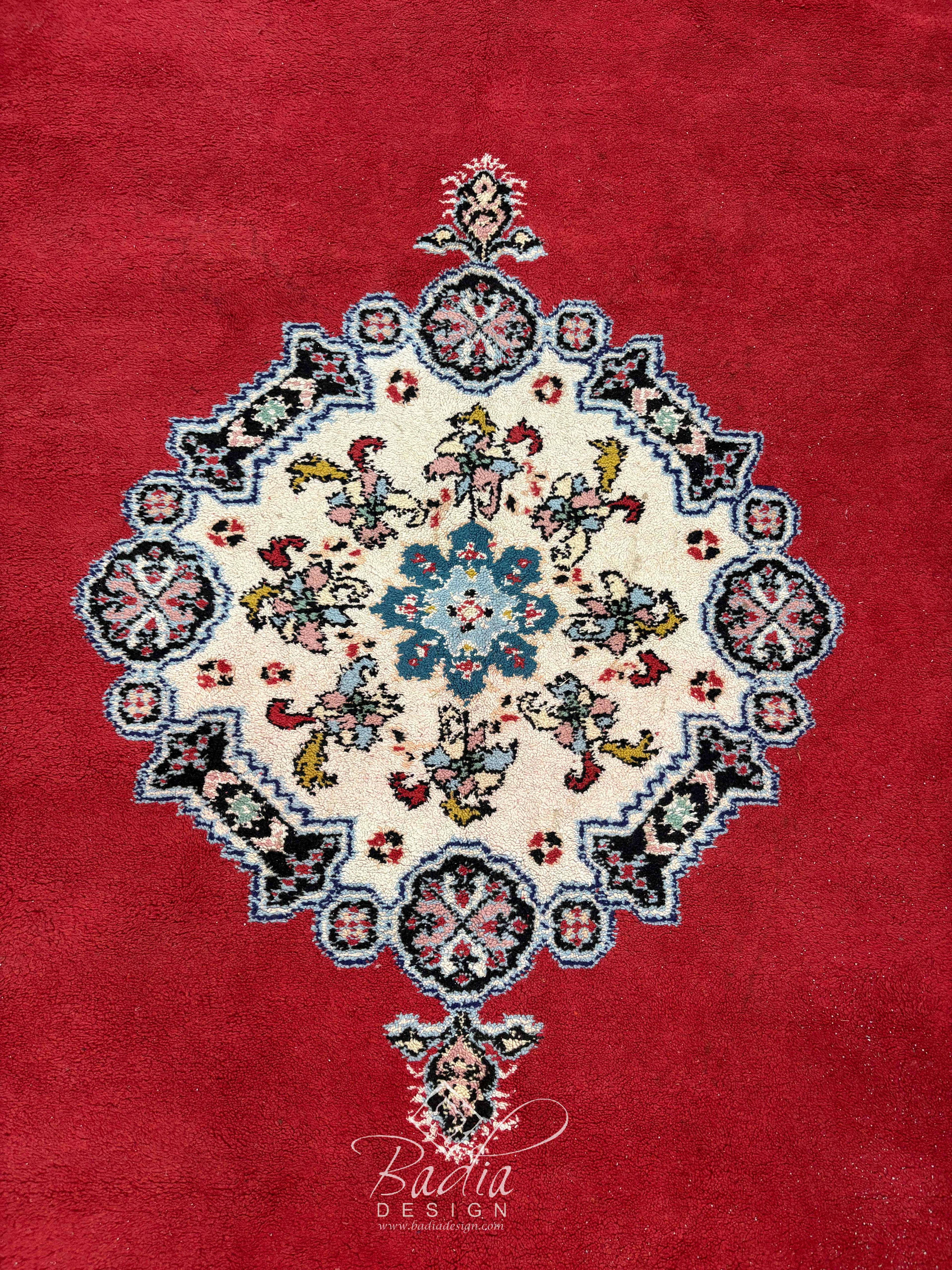 Red Runner Rug with Multicolor Geometric Designs