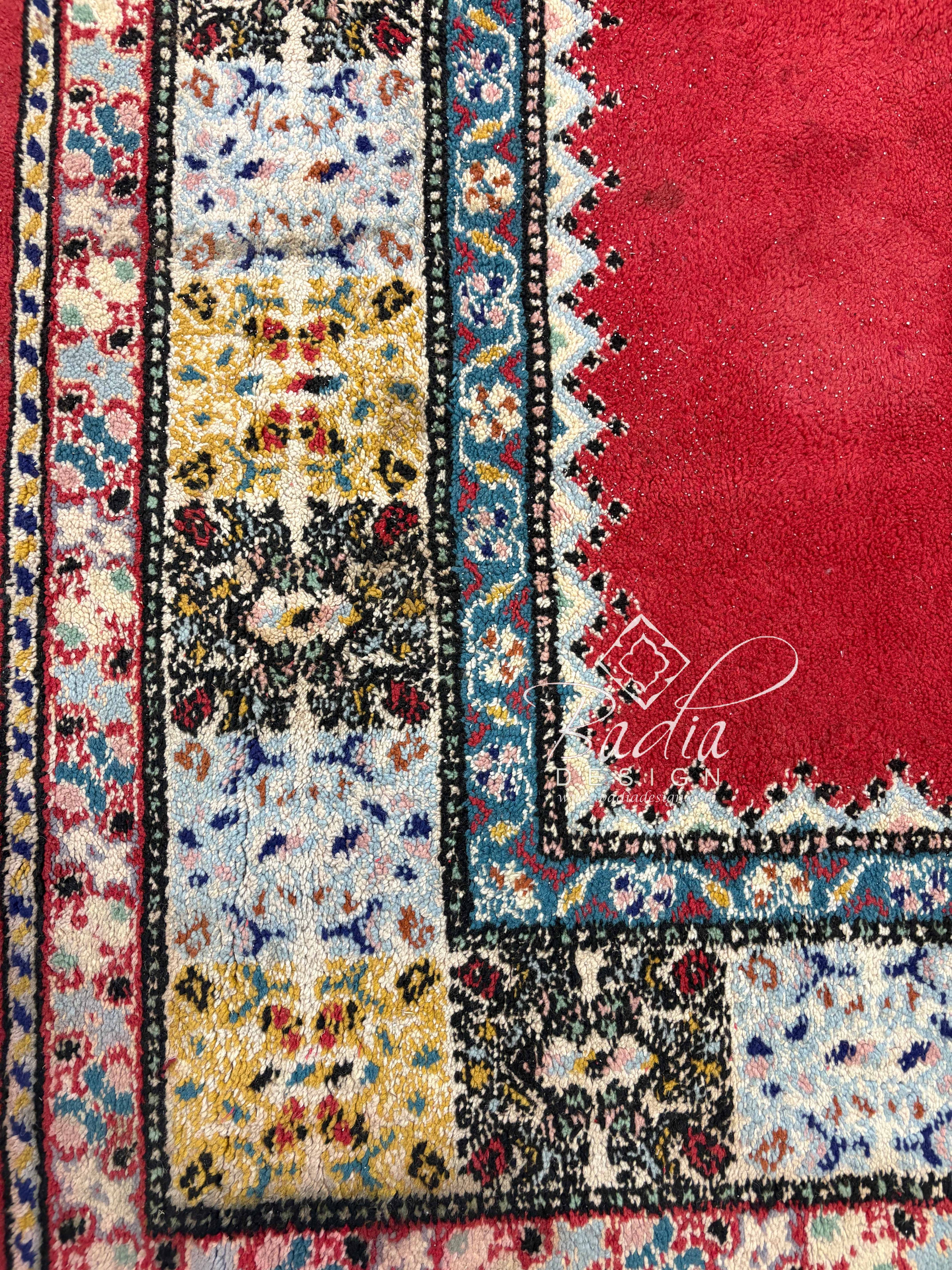 Red Runner Rug with Multicolor Geometric Designs