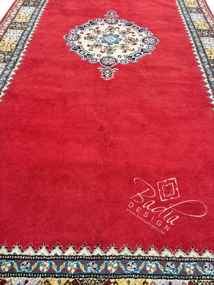 Red Runner Rug with Multicolor Geometric Designs