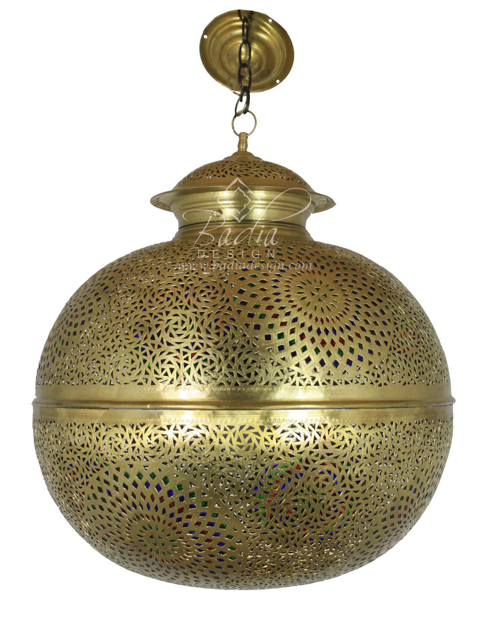 Round Brass Chandelier with Multi Color Glass