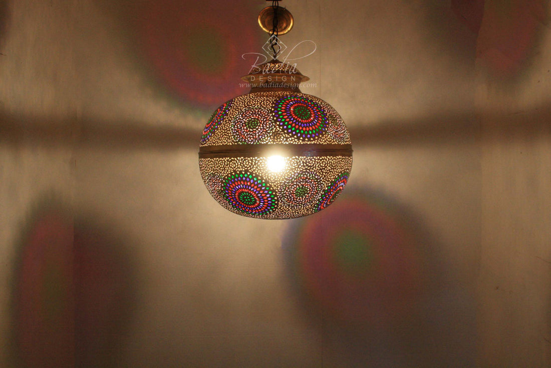 Round Brass Chandelier with Multi Color Glass