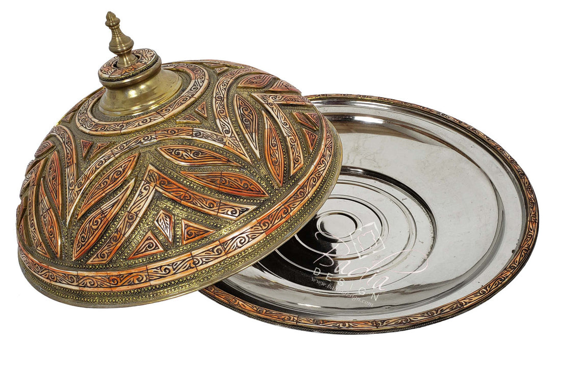 Large Round Silver Brass and Orange Bone Inlay Tray