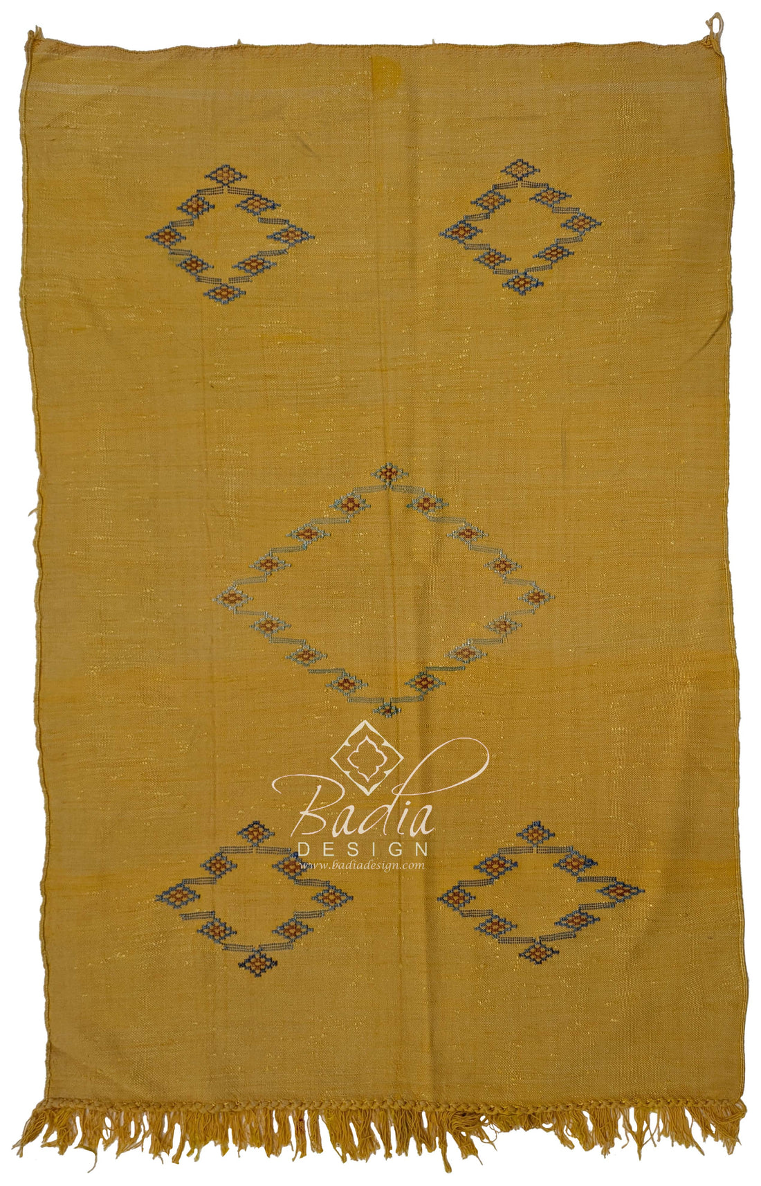 Yellow Tribal Rug with Embroidered Geometric Designs