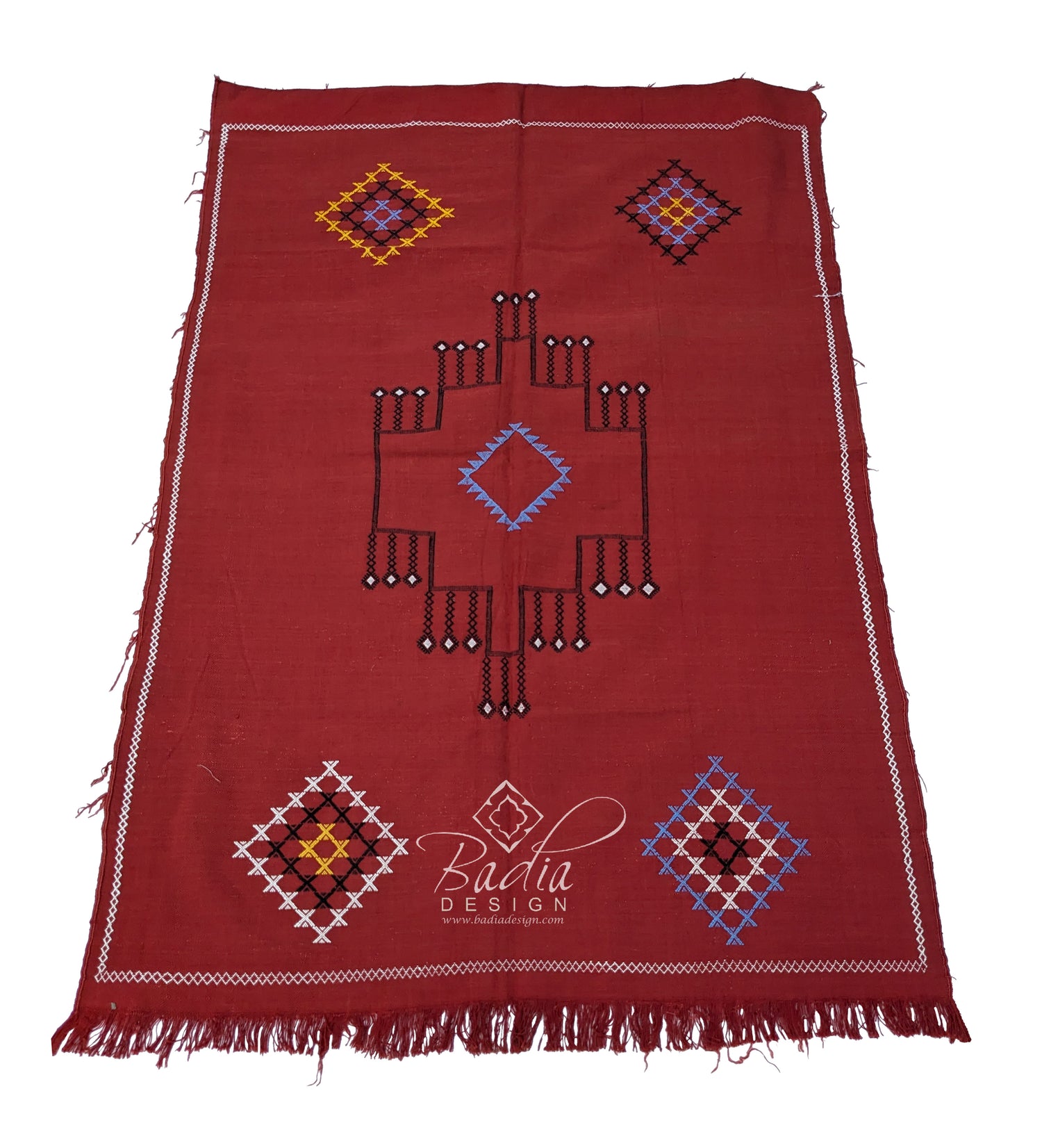 Red Tribal Rug with Embroidered Geometric Designs