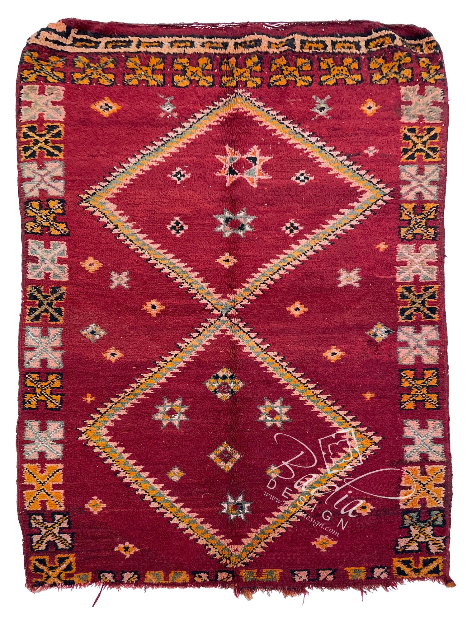 Red Rug with Multicolor Geometric Patterns