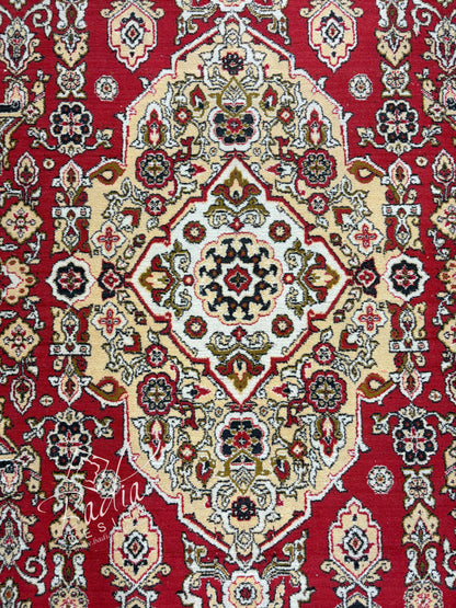 Moroccan Deep Red Rug Bordered by Cream Color Designs