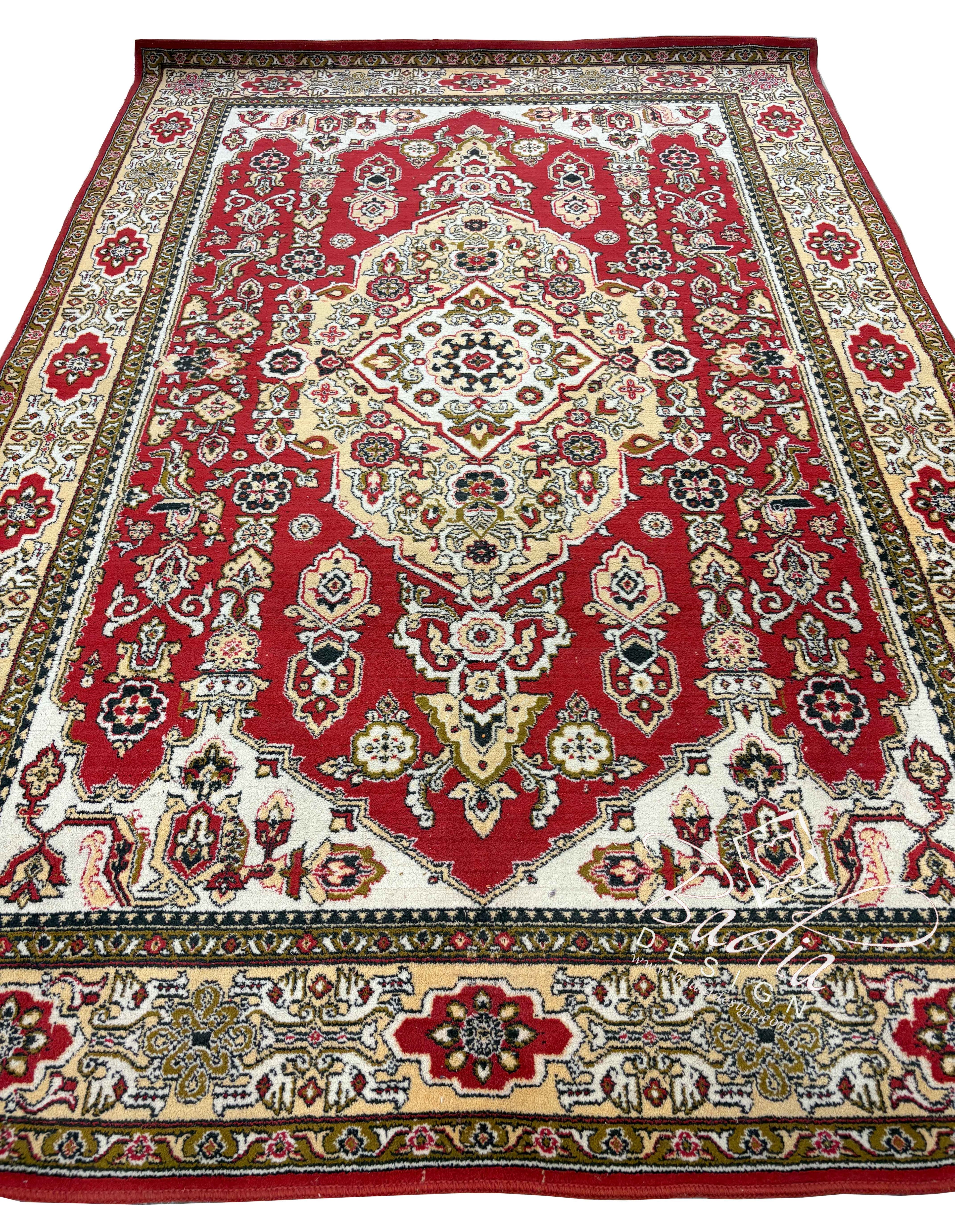 Moroccan Deep Red Rug Bordered by Cream Color Designs