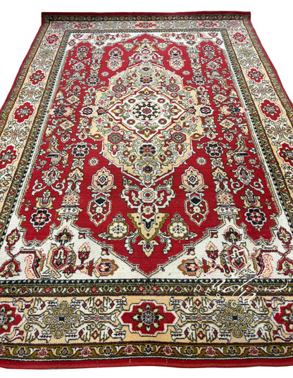 Moroccan Deep Red Rug Bordered by Cream Color Designs