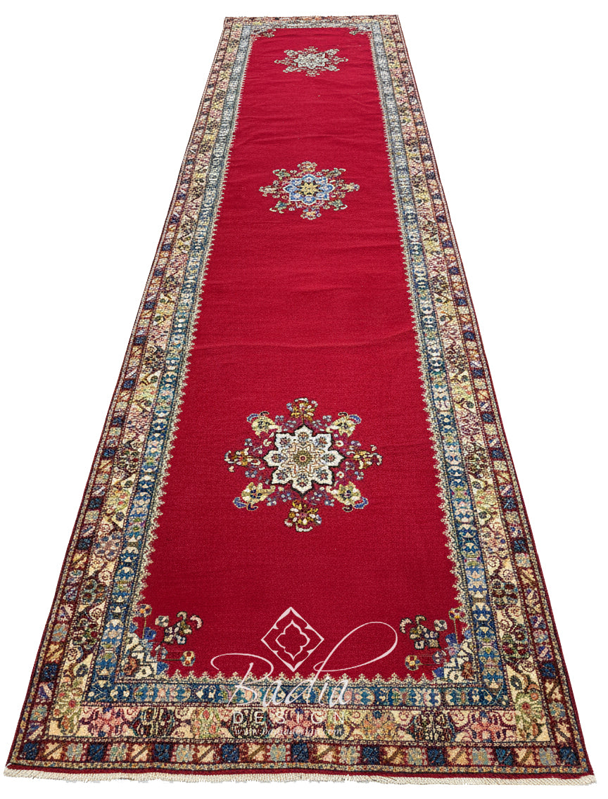 Red Moroccan Runner Rug with Multicolor Floral Medallions