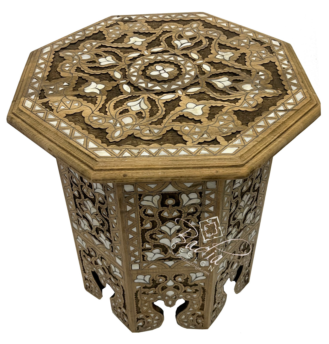 Light Stained Moroccan Side Table with Mother of Pearl Inlay