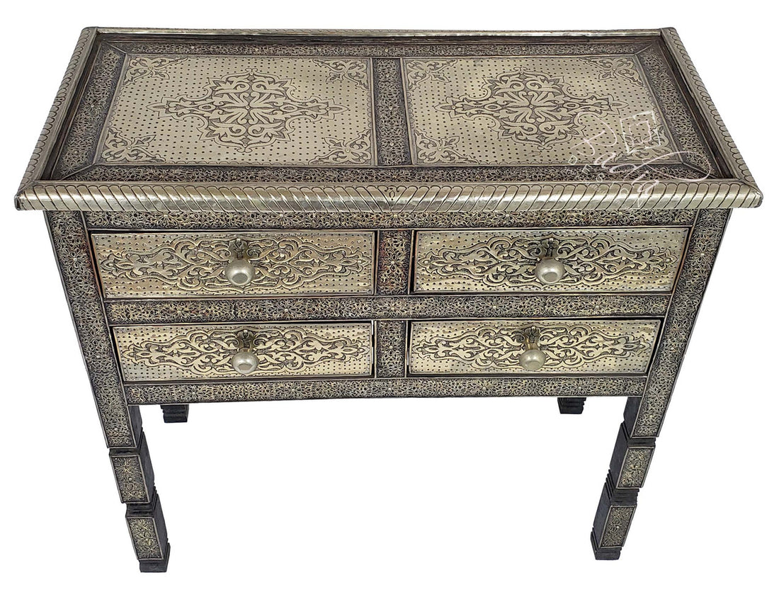Silver Embossed Nickel Cabinet with Glass Top