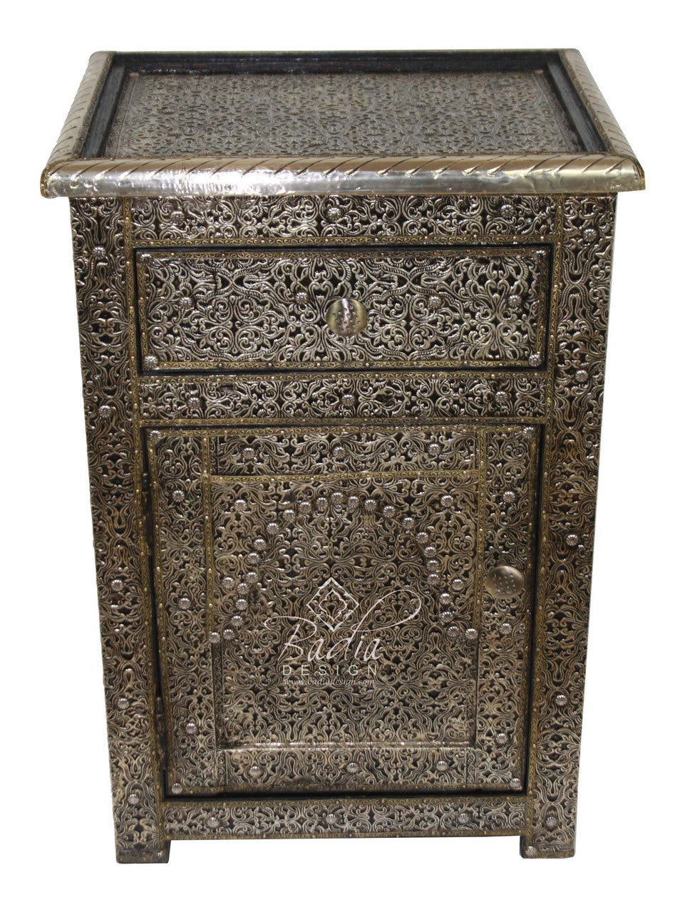 Silver Embossed Nickel Nightstand with Glass Top