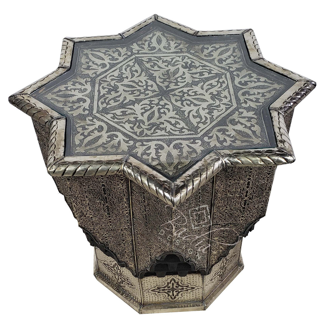 Silver Embossed Nickel Star Table with Glass Top