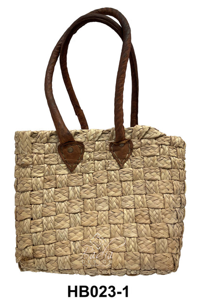 Moroccan Natural Color Handwoven Straw Handbag with Leather Handle