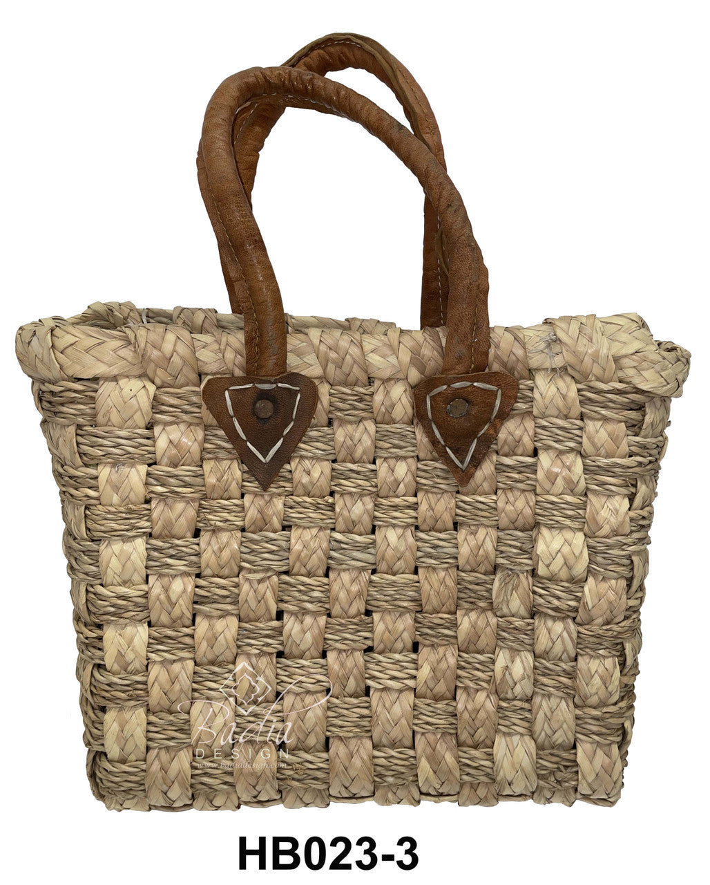 Woven handbag with brown handles on a white background, labeled HB023-3.