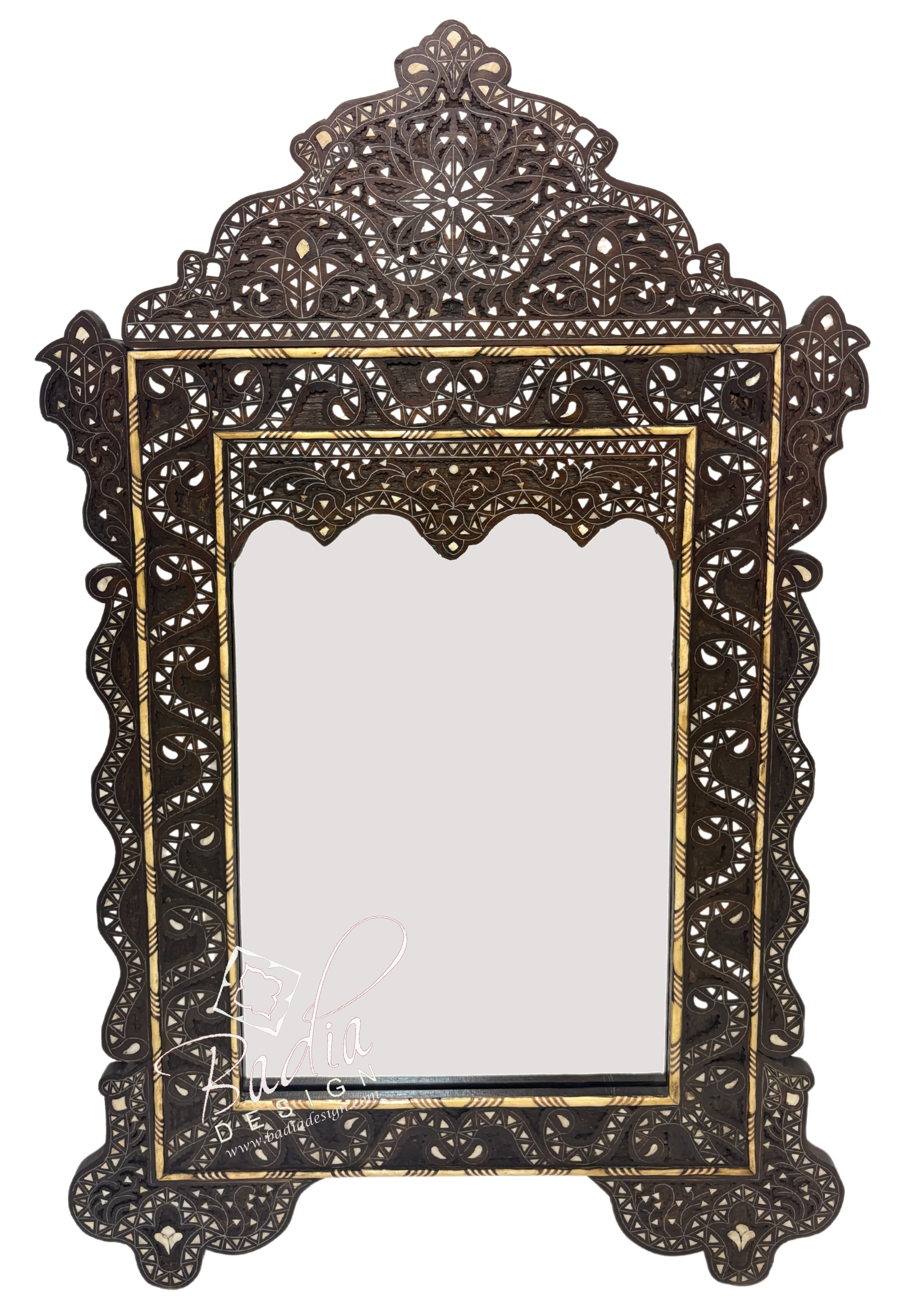 Moroccan Tall Hand Carved Mirror with Mother of Pearl Inlay