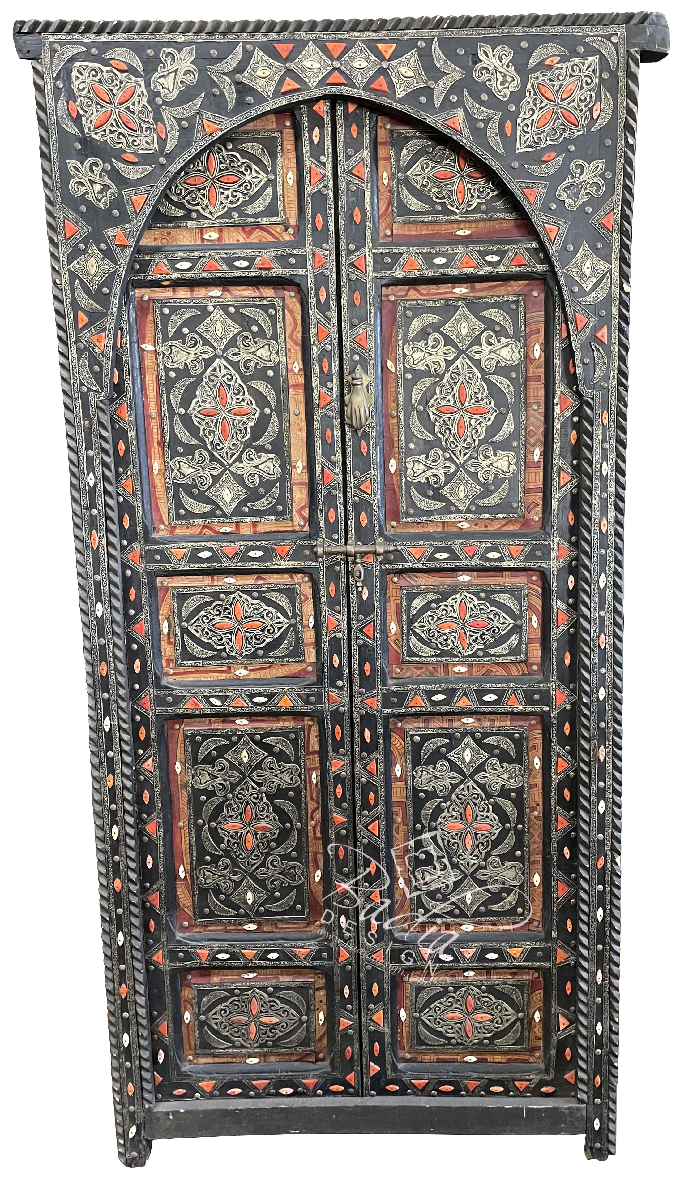 Moroccan Vintage Metal and Orange Bone Inlay Door