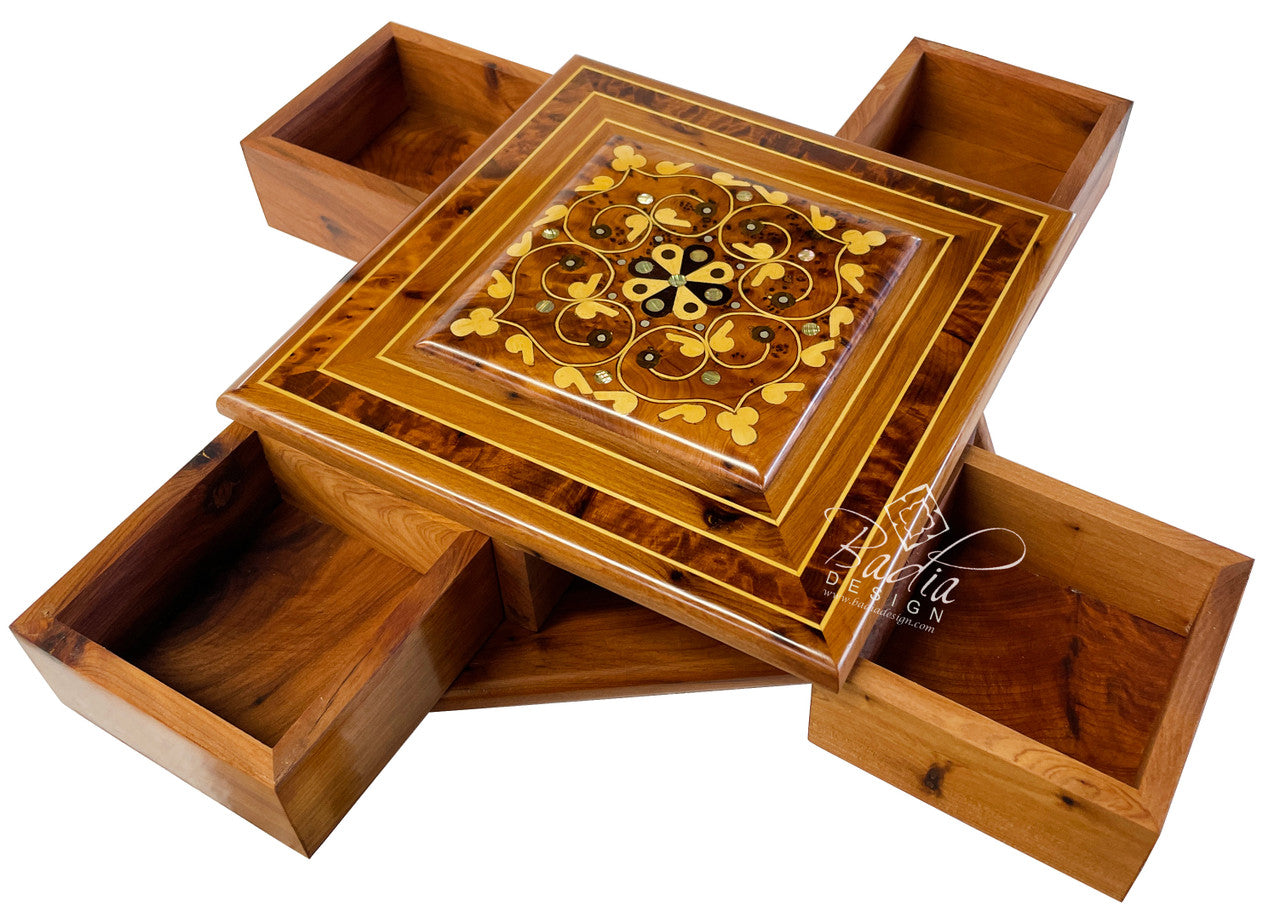 Thuya Wood Puzzle Box with Four Storage Compartments