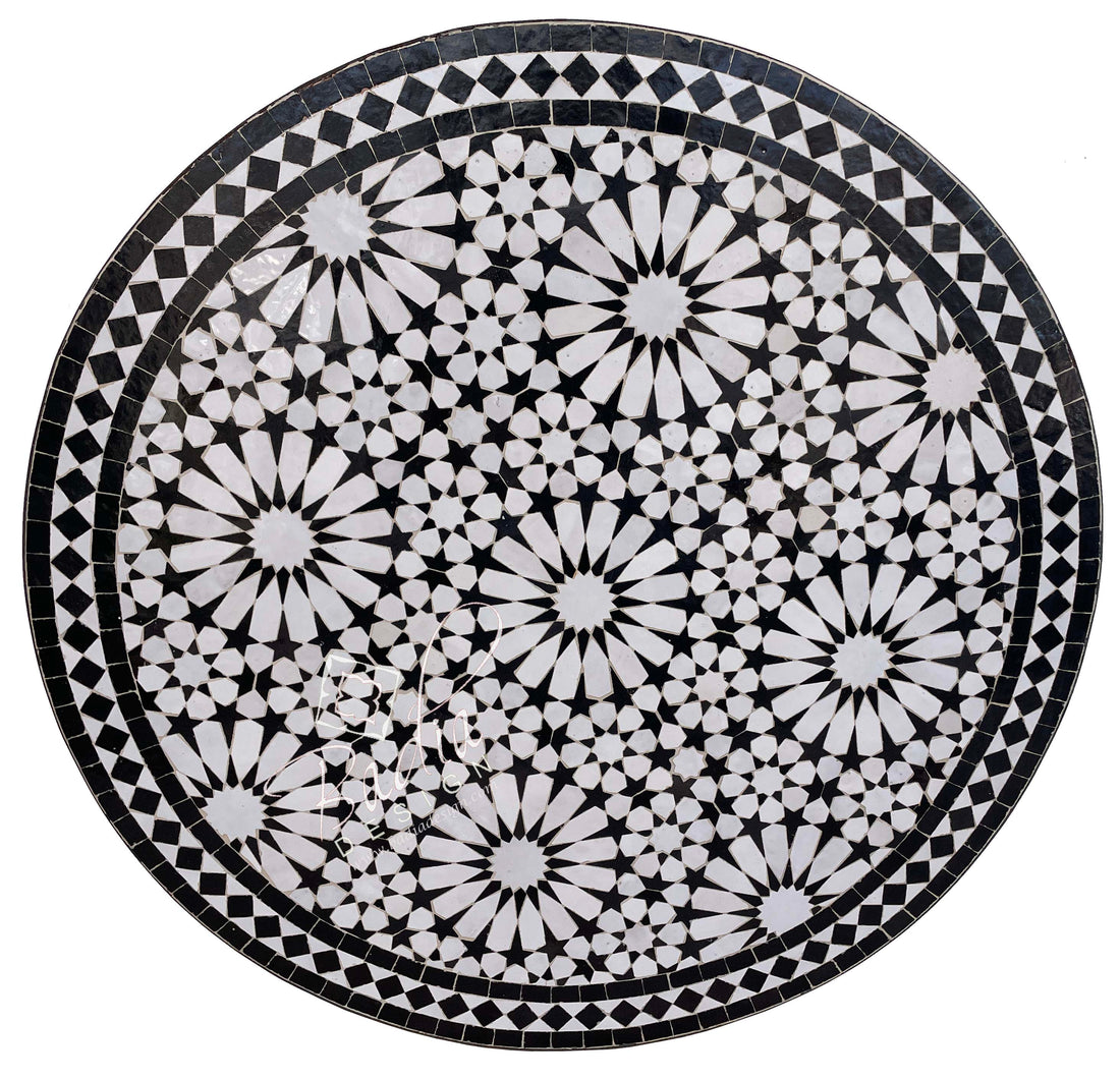 32" Black and White Intricately Designed Ceramic Tile Table Top
