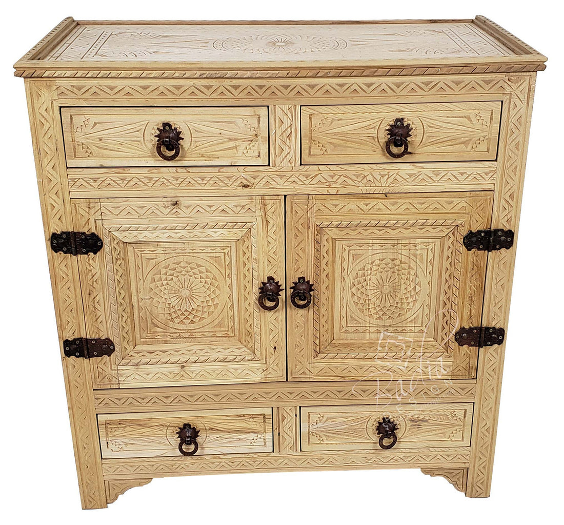 Unstained Hand Carved Wooden Cabinet