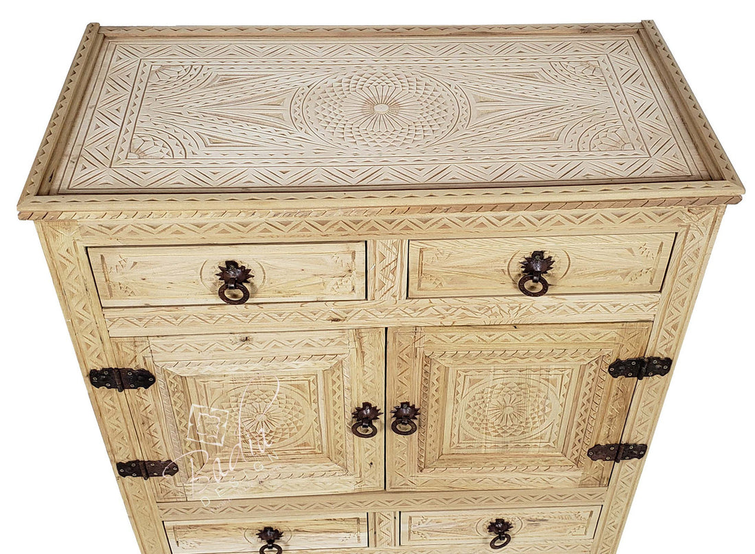 Unstained Hand Carved Wooden Cabinet