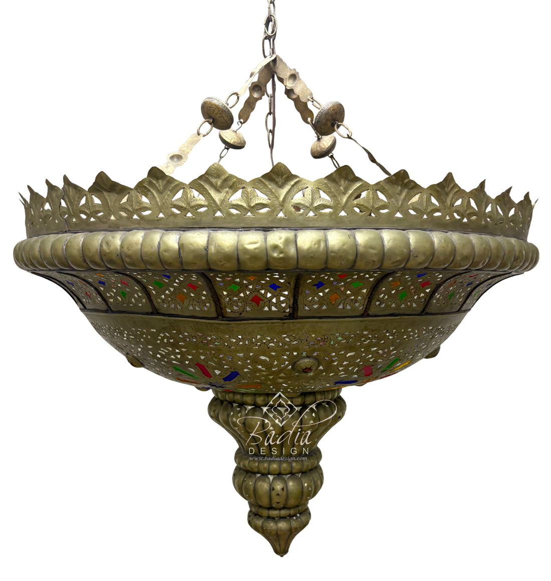 Vintage Brass Chandelier with Multi-Color Glass Eyelets