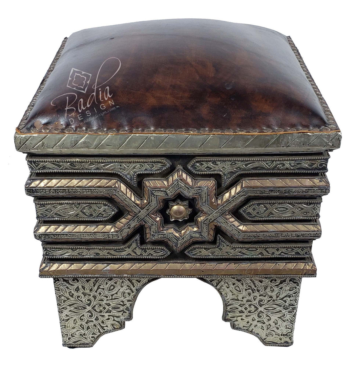 Vintage Metal and Brown Leather Ottoman