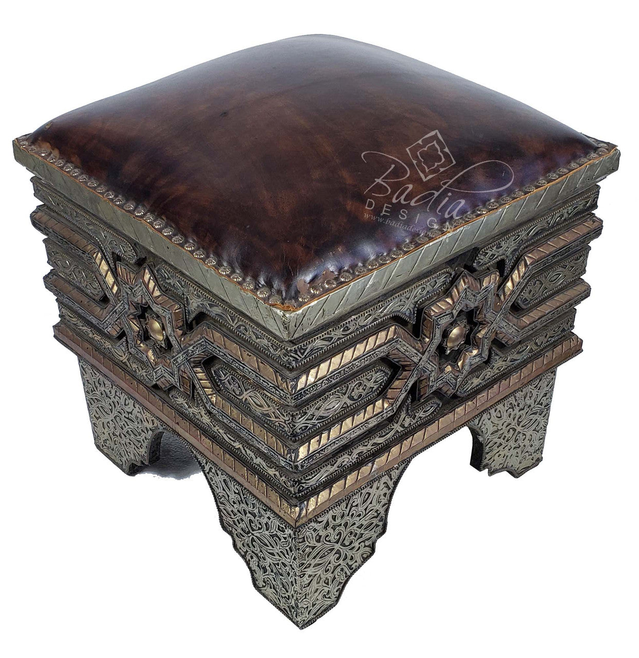 Vintage Metal and Brown Leather Ottoman