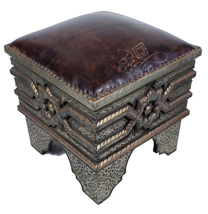 Vintage Metal and Brown Leather Ottoman