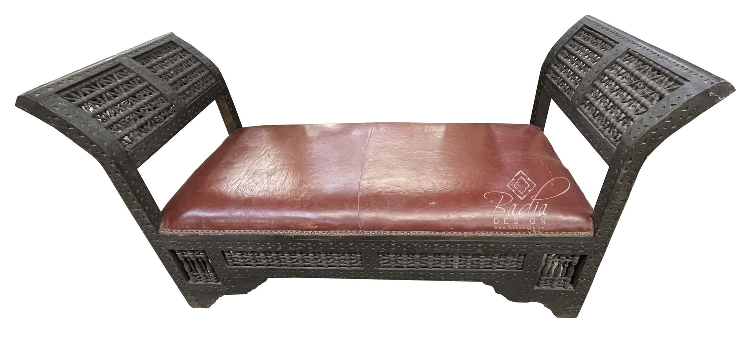 Vintage Hand Carved Wooden Bench with Leather Seat