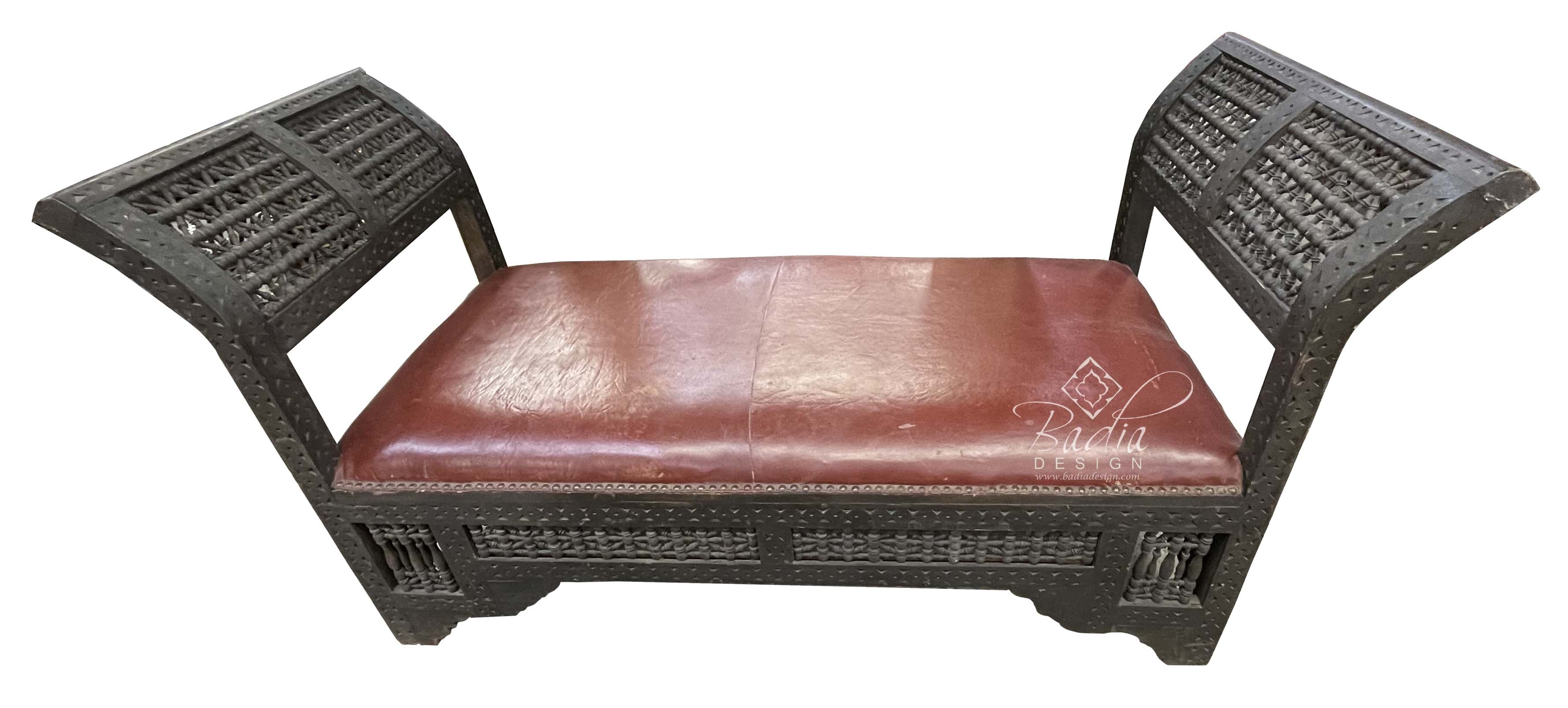 Vintage Hand Carved Wooden Bench with Leather Seat