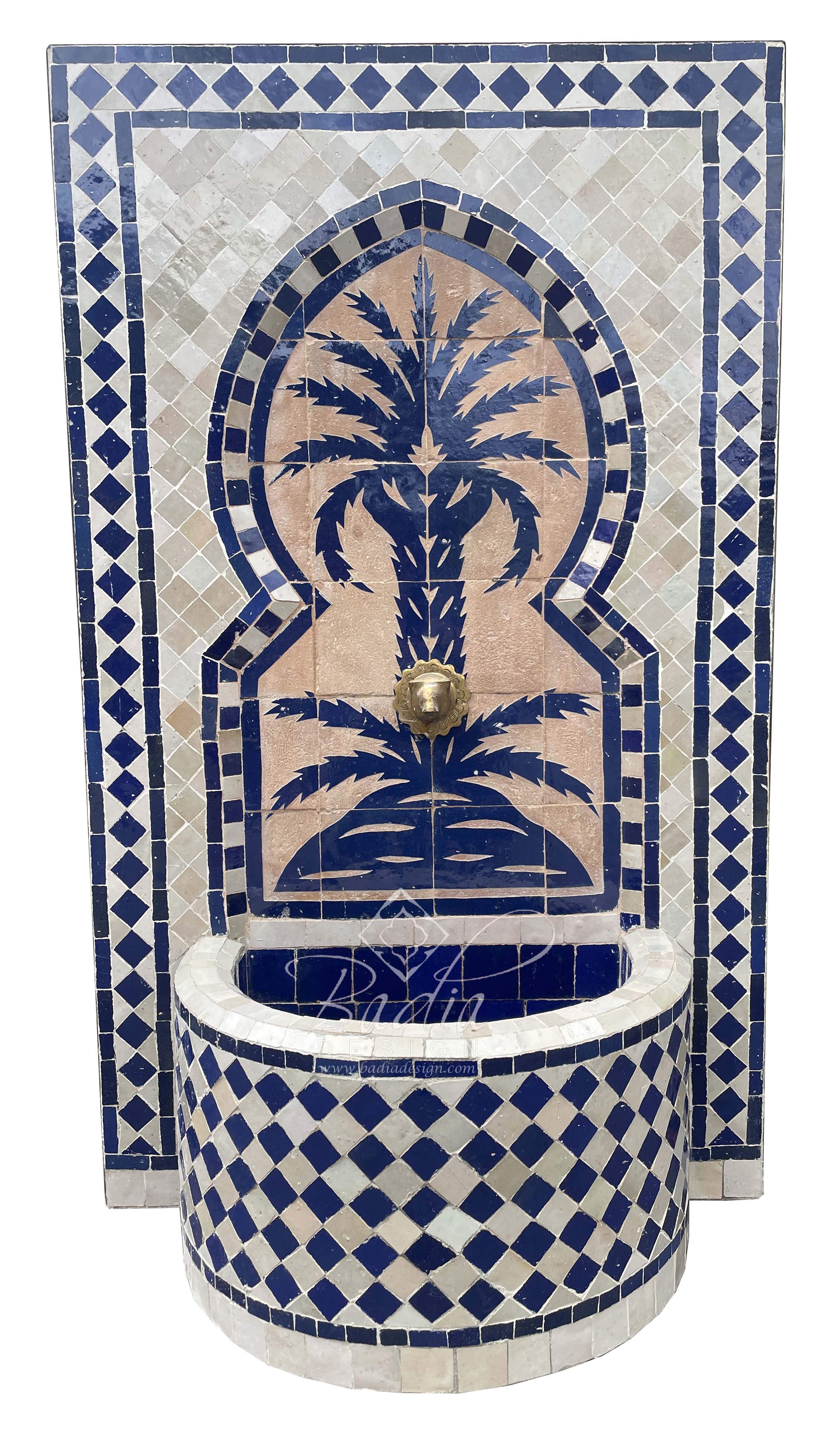 Blue Moroccan Mosaic Tile Water Fountain with Tree of Life Design