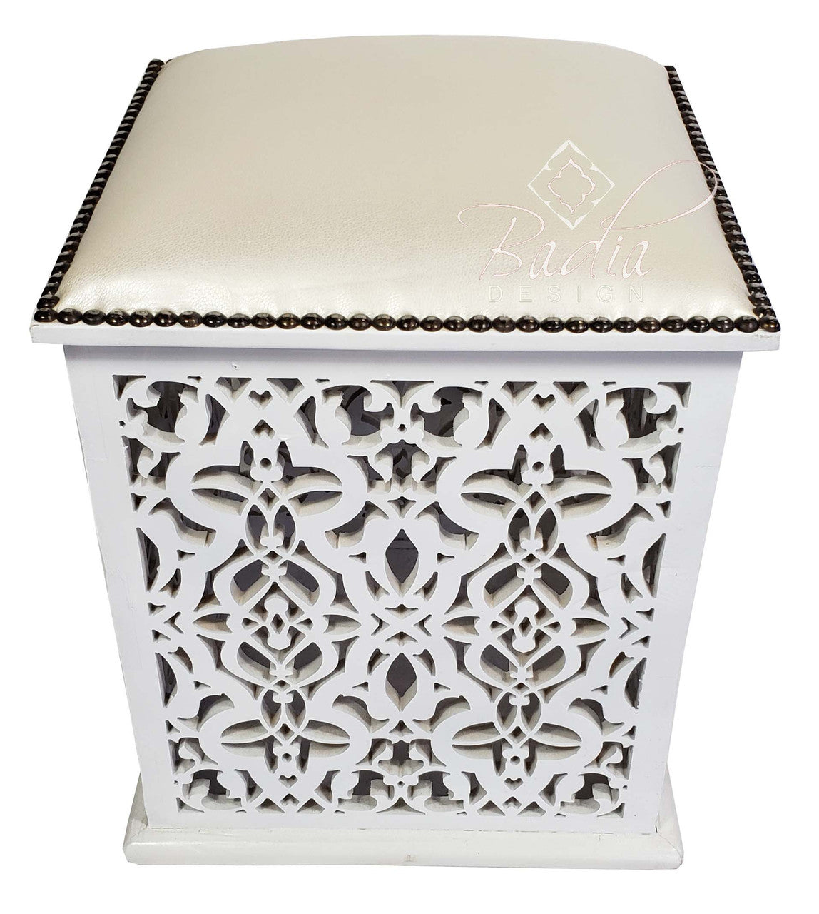 White Pressed Leather Carved Wood Ottoman