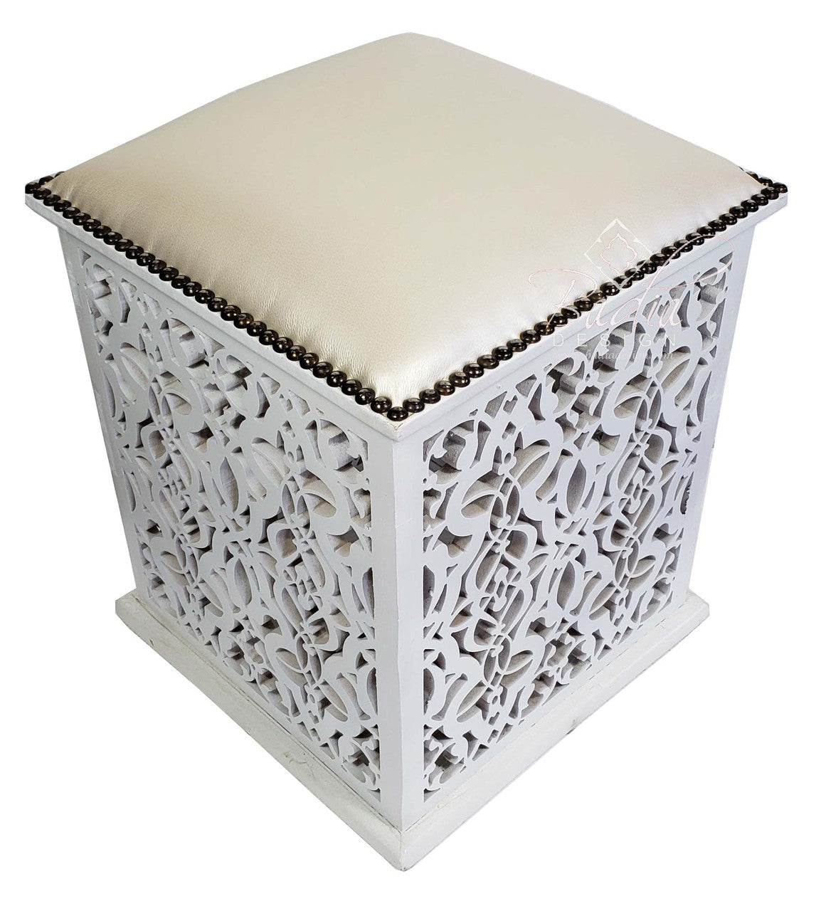 White Pressed Leather Carved Wood Ottoman