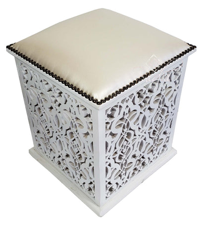 White Pressed Leather Carved Wood Ottoman