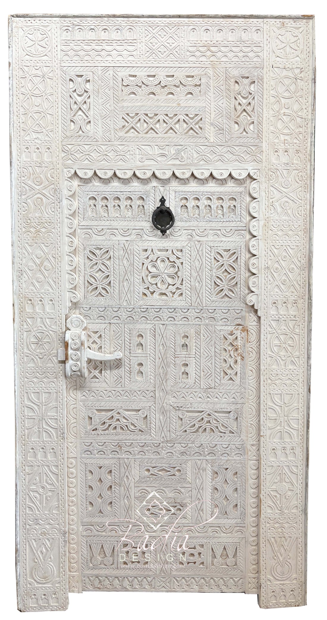 White Moroccan Wooden Door with Hand Carved Geometric Detail