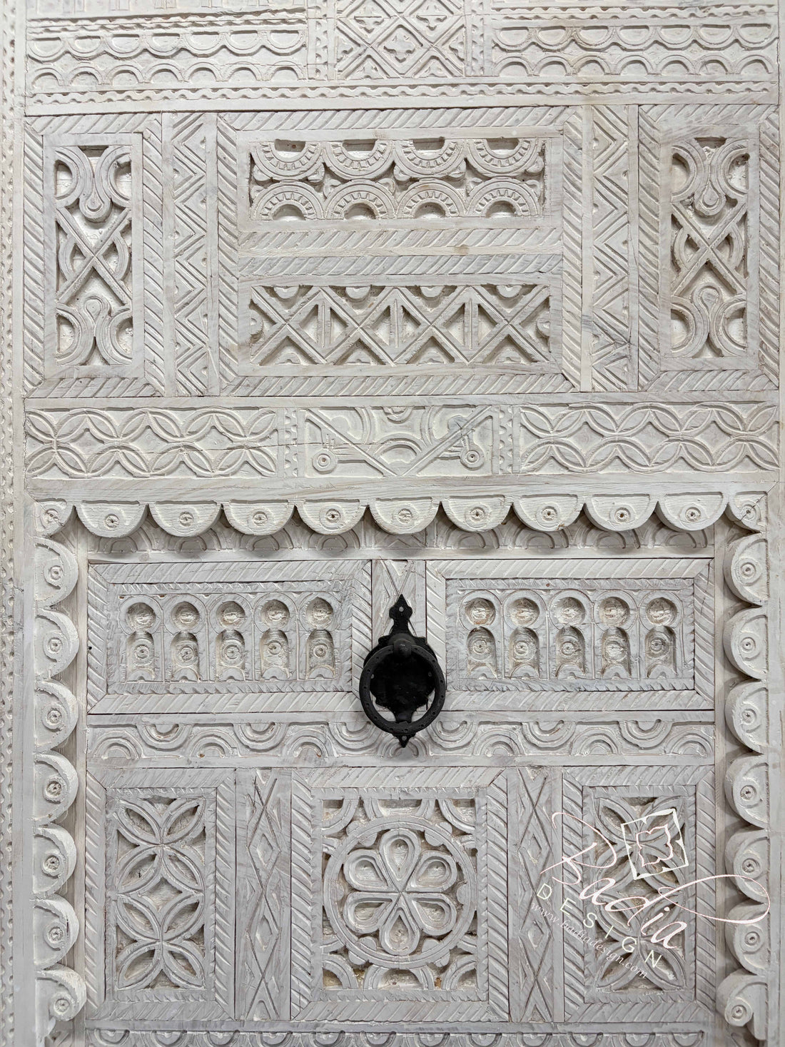 White Wooden Door with Hand Carved Geometric Detail