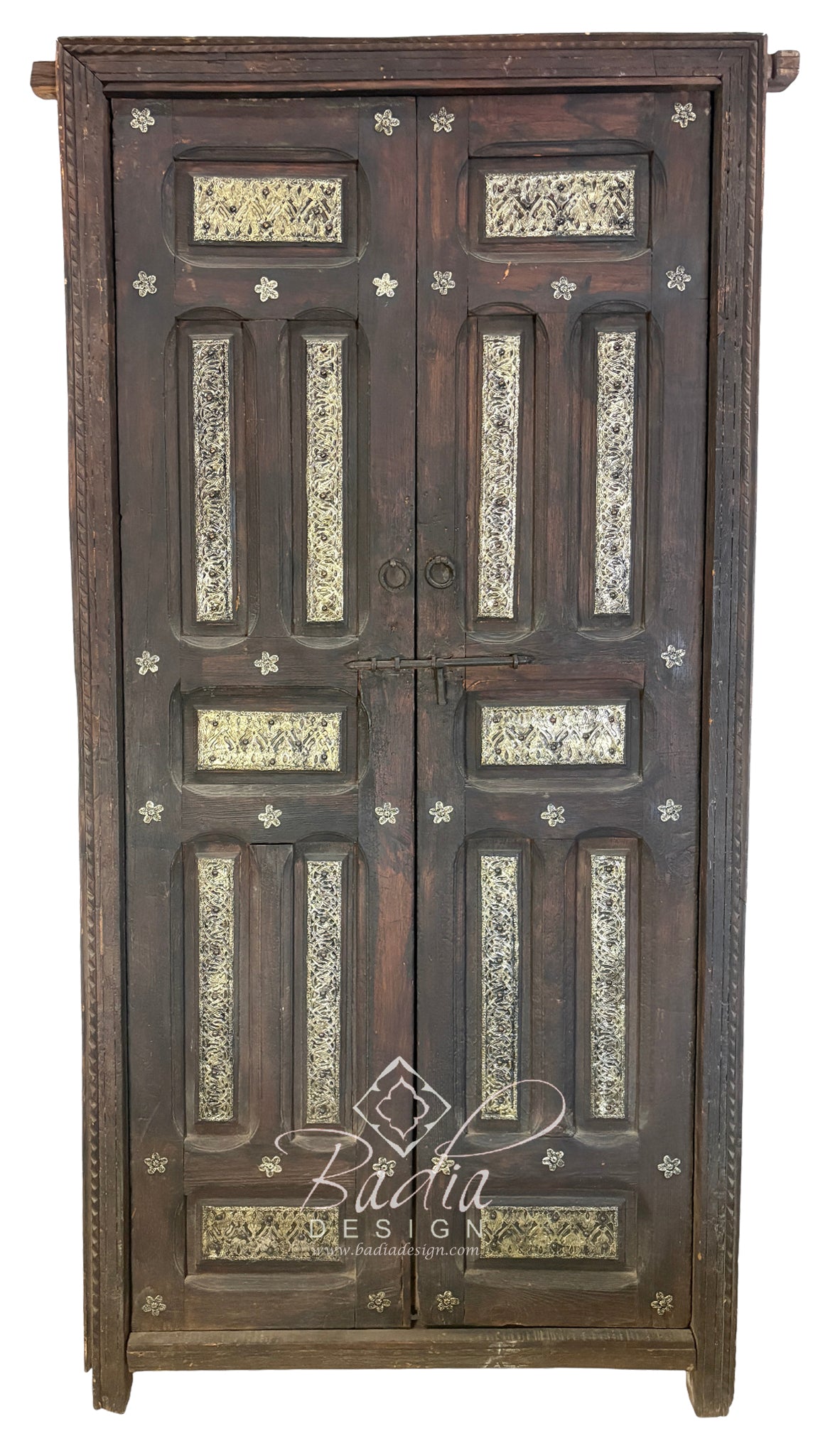 Handcrafted Moroccan Wooden Door with Ornate Metal Accents
