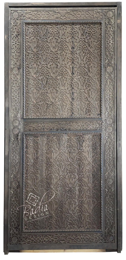 Dark Stained Hand Carved Wooden Door