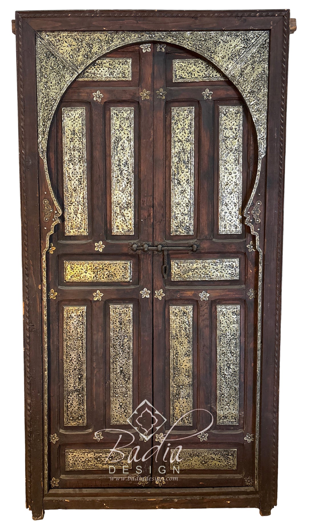 Moroccan Arched Wooden Double Door with Intricate Metal Design