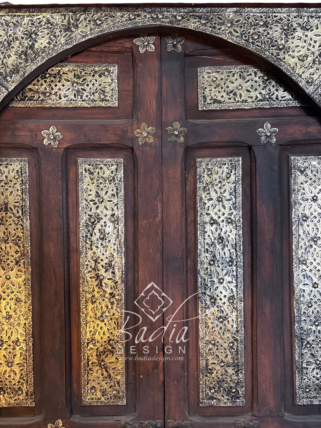 Arched Wooden Double Door with Intricate Metal Design