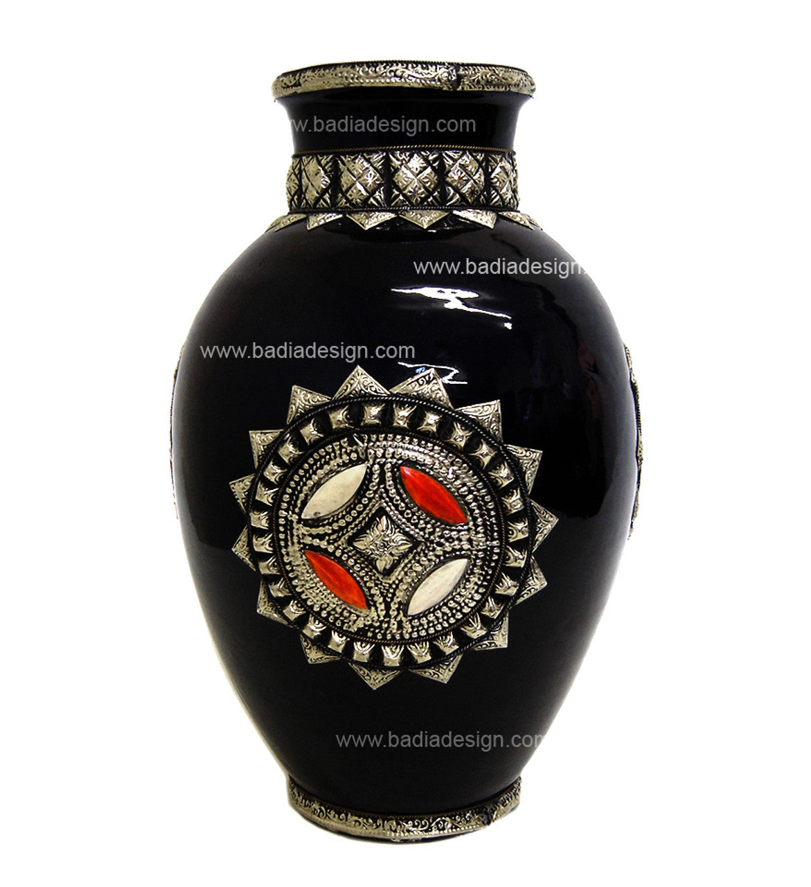 Large Metal and Bone Ceramic Vase