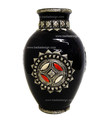 Large Metal and Bone Ceramic Vase