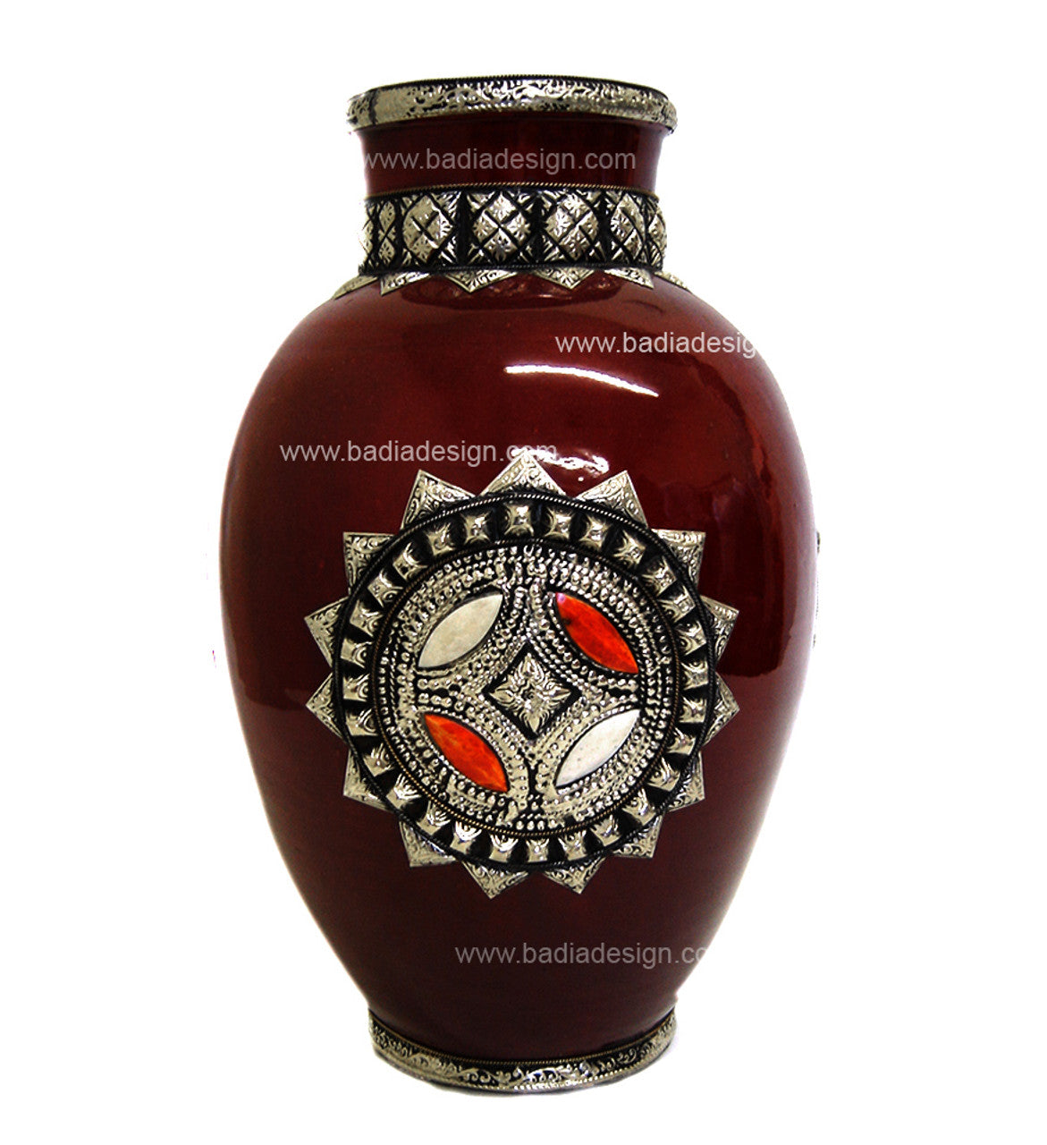 Large Metal and Bone Ceramic Vase