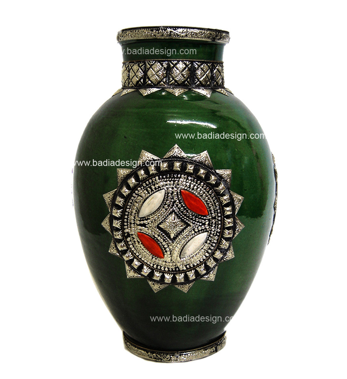 Large Metal and Bone Ceramic Vase