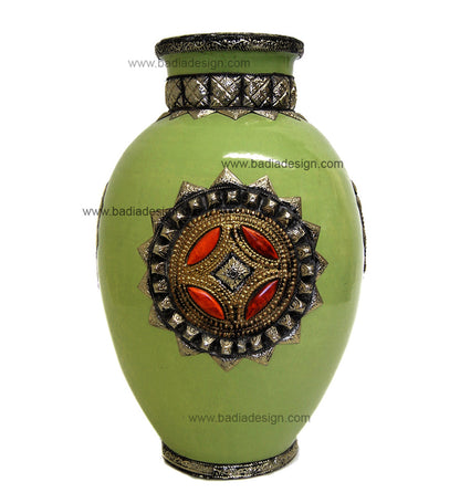 Large Metal and Bone Ceramic Vase