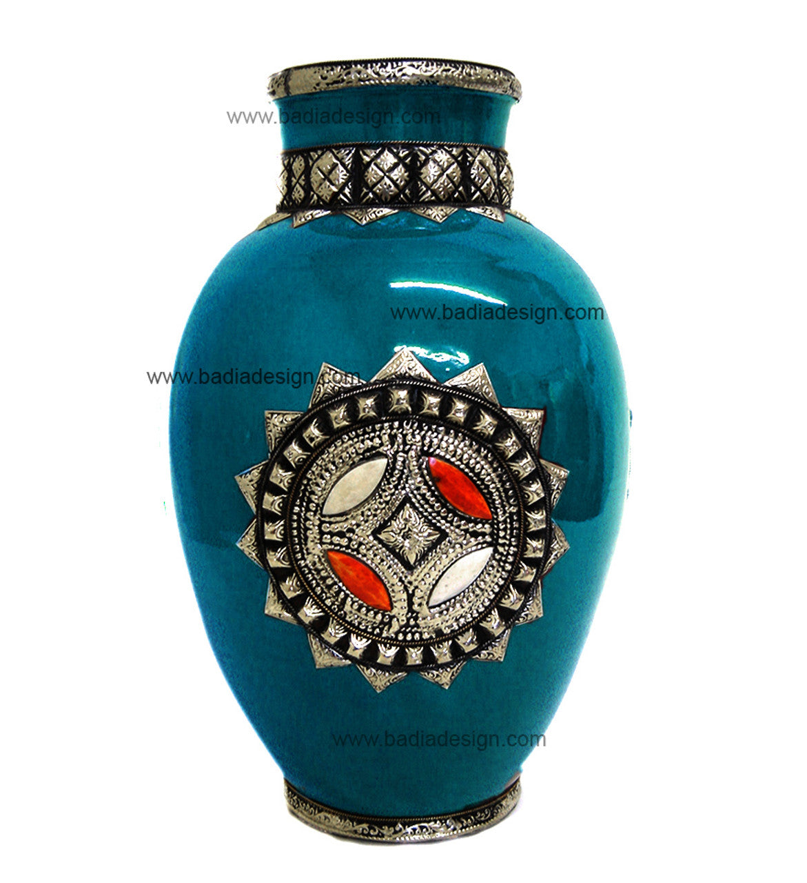 Large Metal and Bone Ceramic Vase